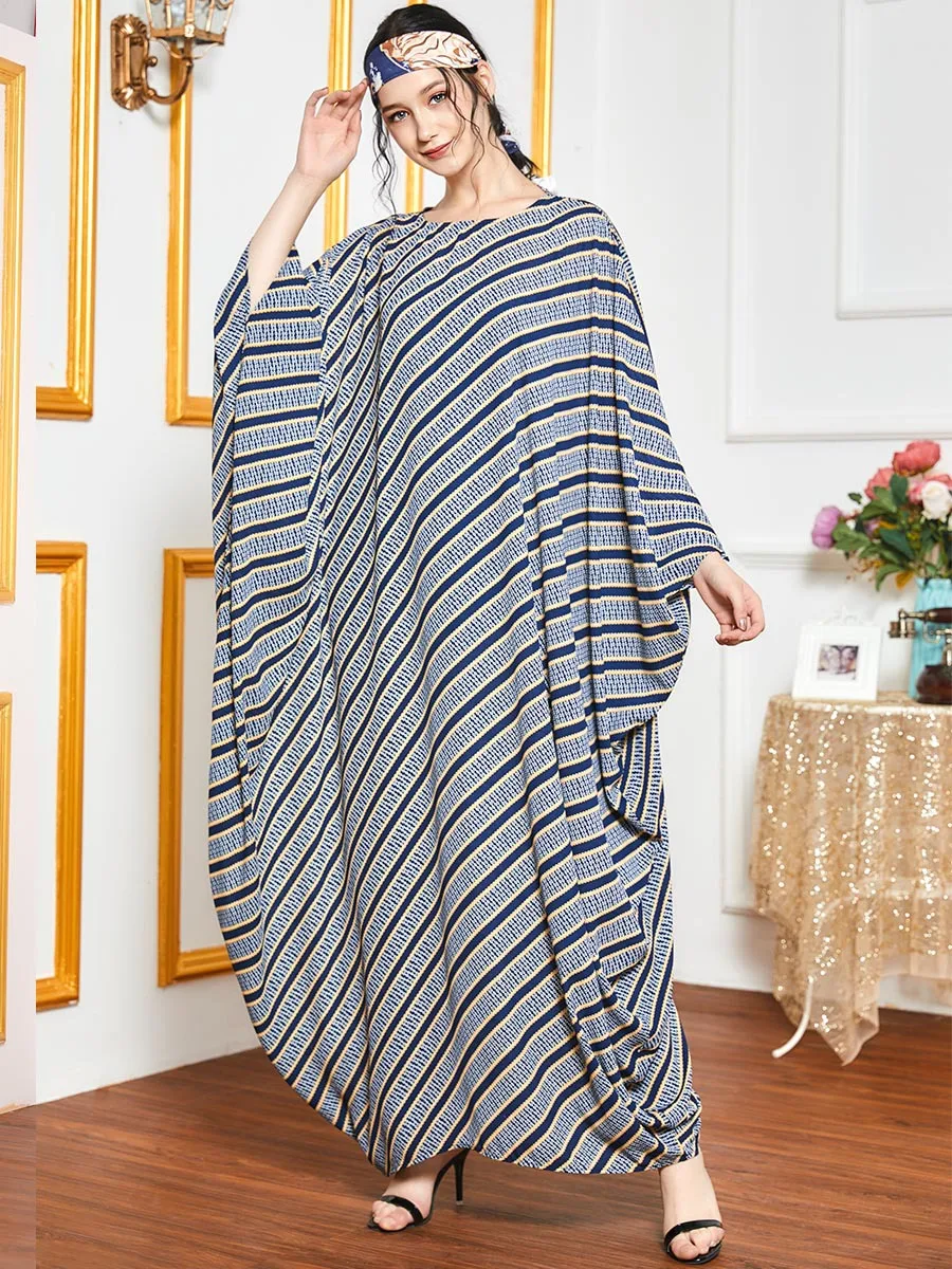 

Oversized Abaya Arab Loose Bat-sleeve Robe Middle Eastern Muslim Hui Dubai Long Sleeve Striped Islamic Clothing Women's Dress