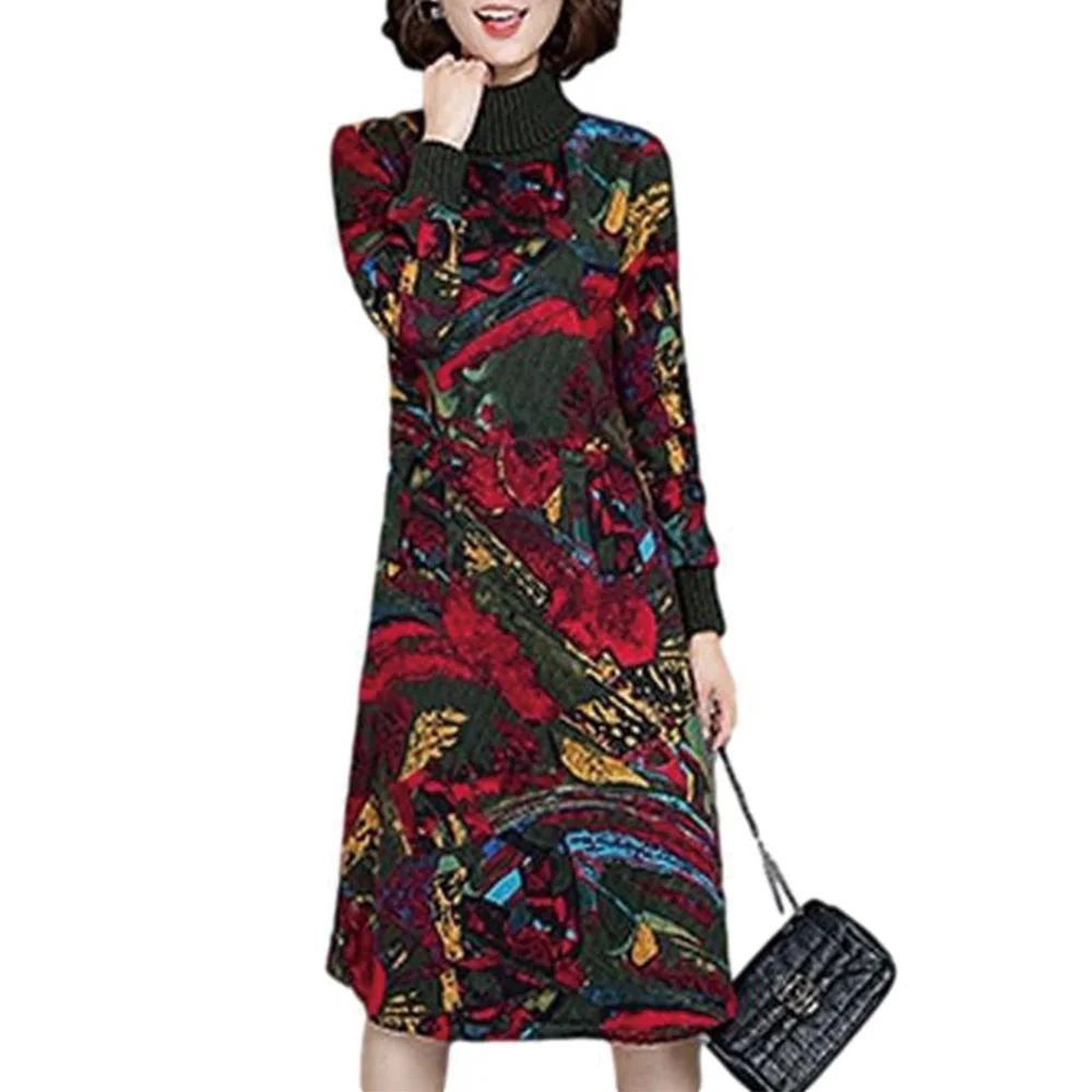

Women Dress Long Autumn Winter Sleeve A-Line Floral Printed Casual Dress High Neck Long Sleeve Women Clothing Party Dresses