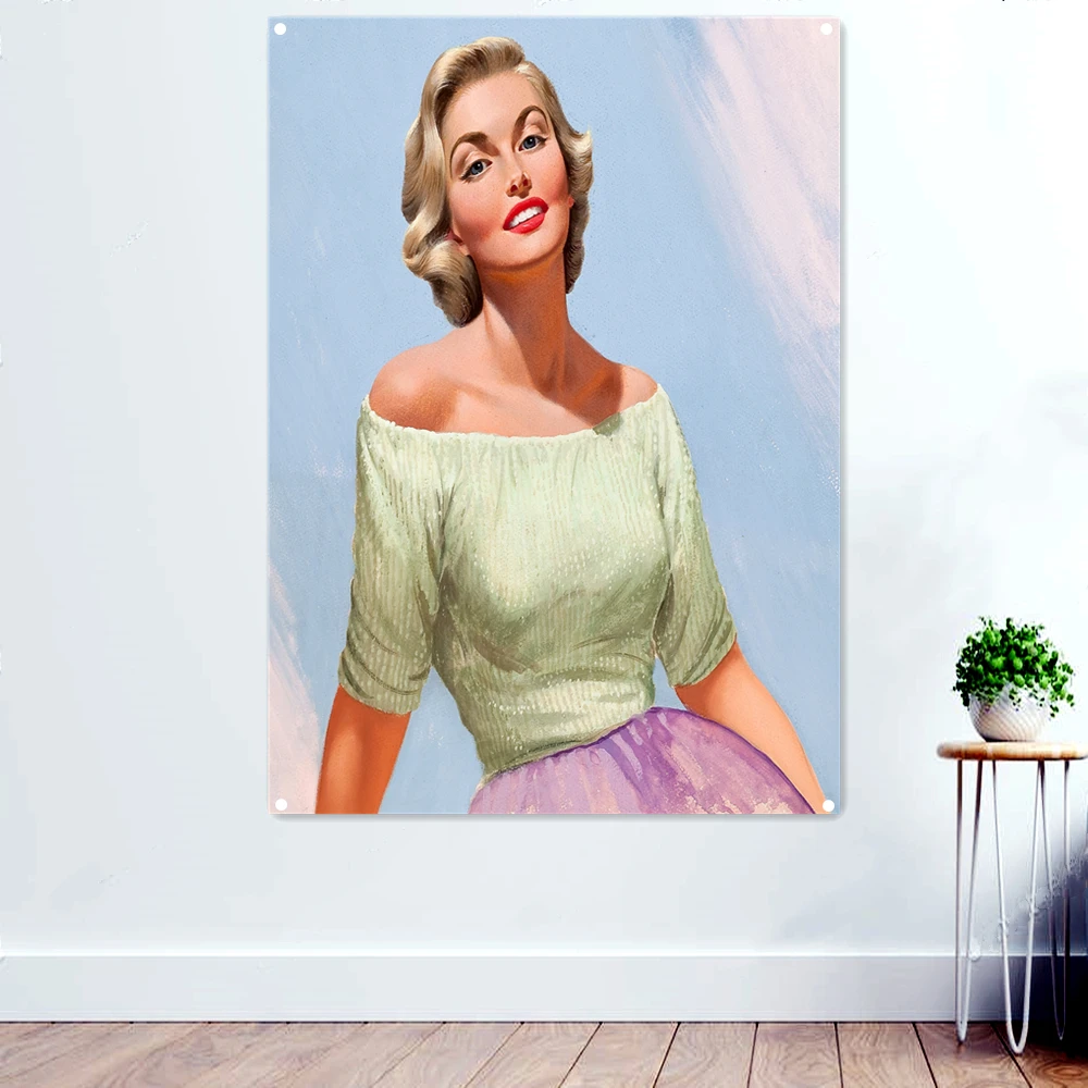

Vintage Pin Up Girl Poster Wall Art Mural Noble Lady Maid Call Girl Semi Nude Model Sexy Beauty Pose Banner Flag Artwork Gift E5