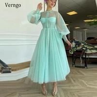 verngo turquoise green dotted tulle tea length prom dresses with buttoned top o neck long puff sleeves homecoming party dress