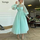 Бирюзово-зеленое Тюлевое платье для выпускного вечера Verngo, с пуговицами, круглым вырезом, длинными пышными рукавами