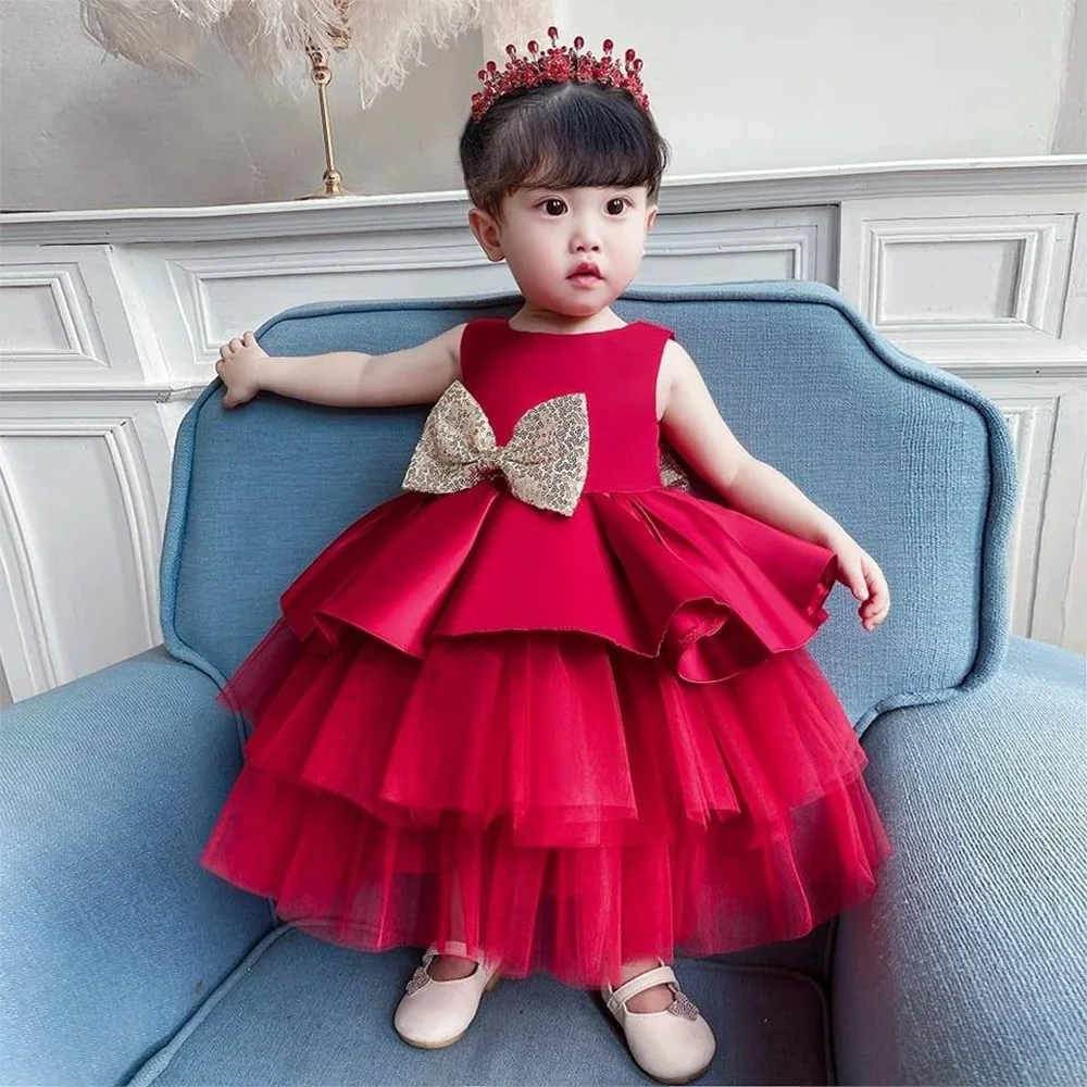 

Outong Summer Kids Party Dresses 0-6 Year Old Cute Big Bow Sequin V-Back Princess Mesh Tutu Girls Dress For 1st Birthday Party
