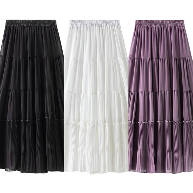 

2021 Spring Summer Mid-Calf Solid Woman A-Line Black White Pulple Streetwear Sexy School Skirt Harajuku Female Sweet Skirt