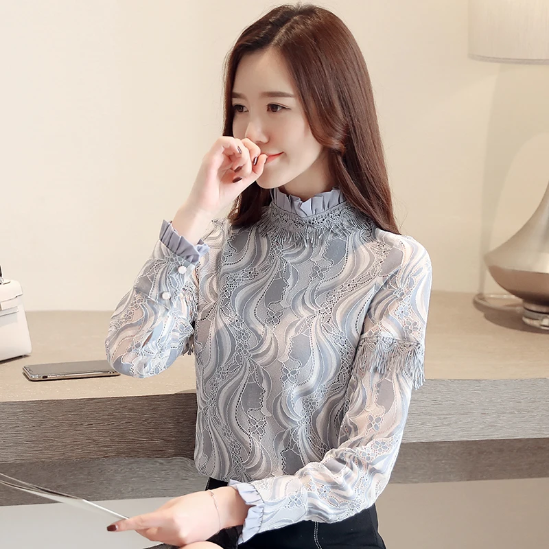 Кружевная приталенная женская блузка с длинным рукавом новая одежда высоким