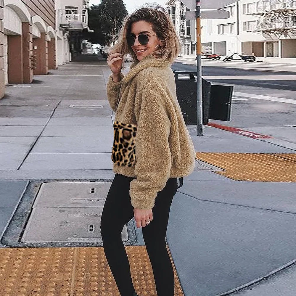 

Winter Faux Fur Casual Coat Women Autumn Thick Plus Size Fluffy Warm Soft Zipper Jacket Female Leopard Pockets Plush Outerwear