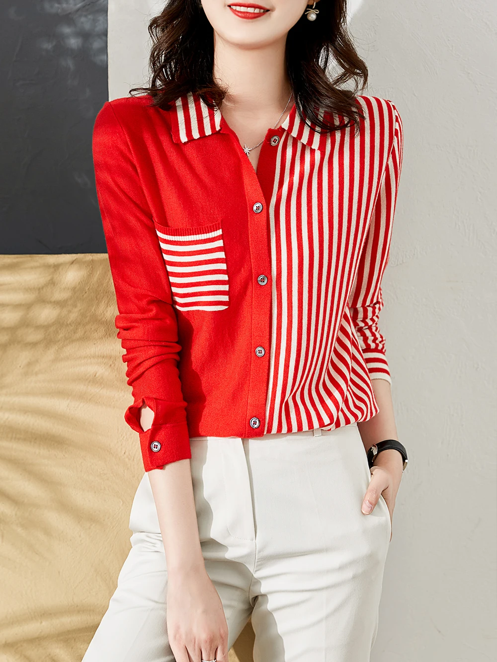 

Harteen Striped Fashionable Knitted Long Sleeve Womens Clothing Cardigan Spring Autumn Turn-Down Collar White Casual Top Femme