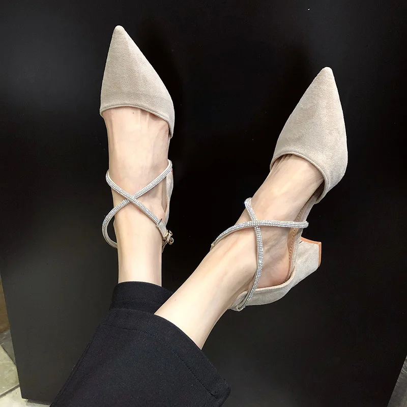 

Beige High Heels Shoes Chunky Sandals Lace-Up Work Dress Professional Pointed Pumps Shallow Mouth Clogs for Women 2021 All-Match