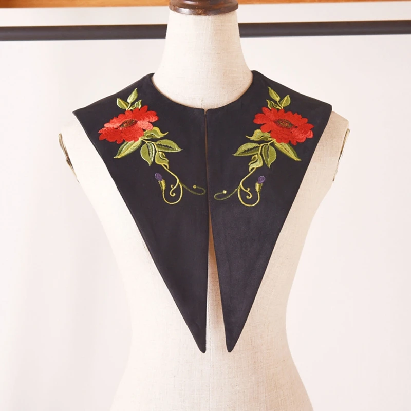 

Women Chiffon Detachable Half Shirt Blouse Velvet Floral Embroidery Lapel False Collar Shawl Decorative Dickey