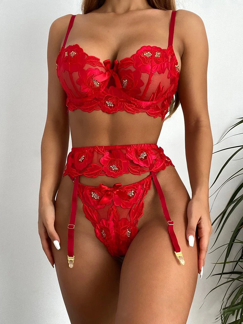 

Red Erotic Lingerie Embroidered Lace Sexy Lingerie Pornos Suit Exotic Costumes Sensual Women's Underwear Lenceria Sensual Mujer