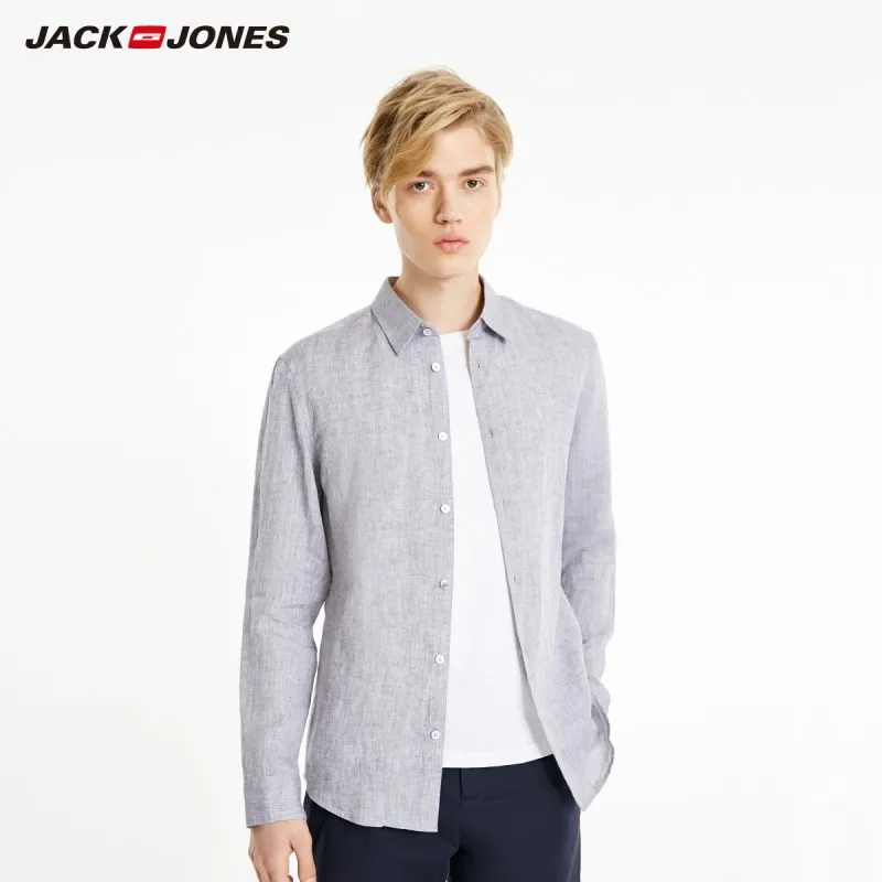 JackJones Мужская льняная рубашка с длинным рукавом мужская одежда 219105522 - Цвет: LIGHT GREY