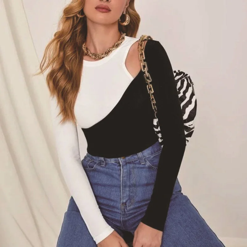 

2021 Autumn Patchwork Ribbed O-Neck Cropped Tops Tee Shirt Women Long Sleeve Hollow Out Sexy Club Streetwear for Female