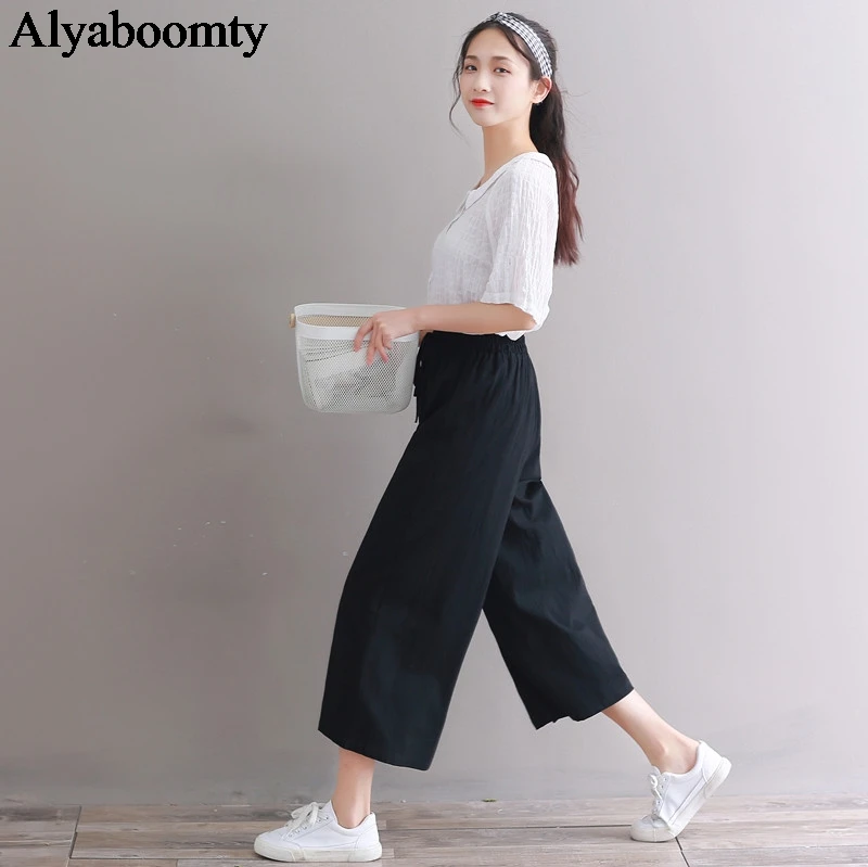 Капри женские с завышенной талией повседневные свободные штаны в японском стиле