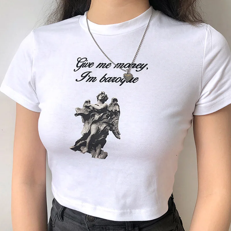 

Vintage Letter Print Sexy Crop Tops Women Casual Short Sleeve Cotton Pullover Tee Summer Slim Streetwear T-Shirt Woman 2021
