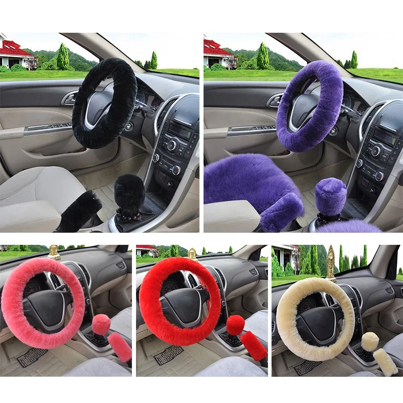 

Steering-Wheel Plush Car Steering Wheel Covers Winter Faux Fur Hand Brake and Gear Cover Set Car Interior Accessories Universal