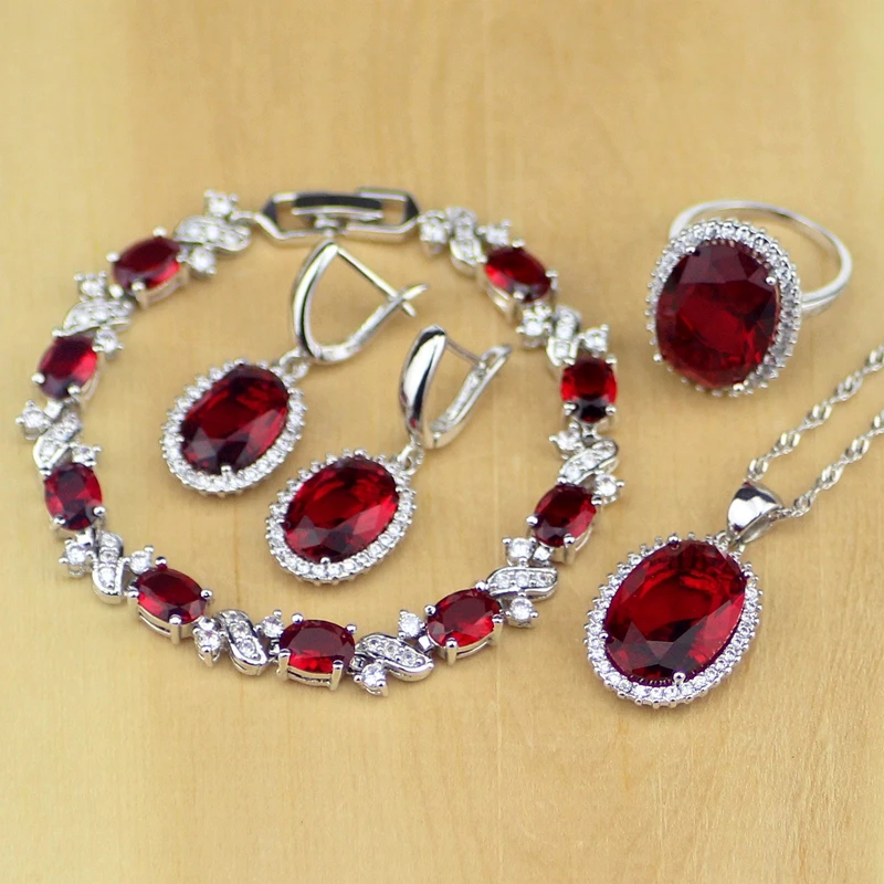 

Oval Red CZ White Zircon 925 Sterling Silver Jewelry Sets For Women Wedding Earrings/Pendant/Necklace/Rings/Bracelet