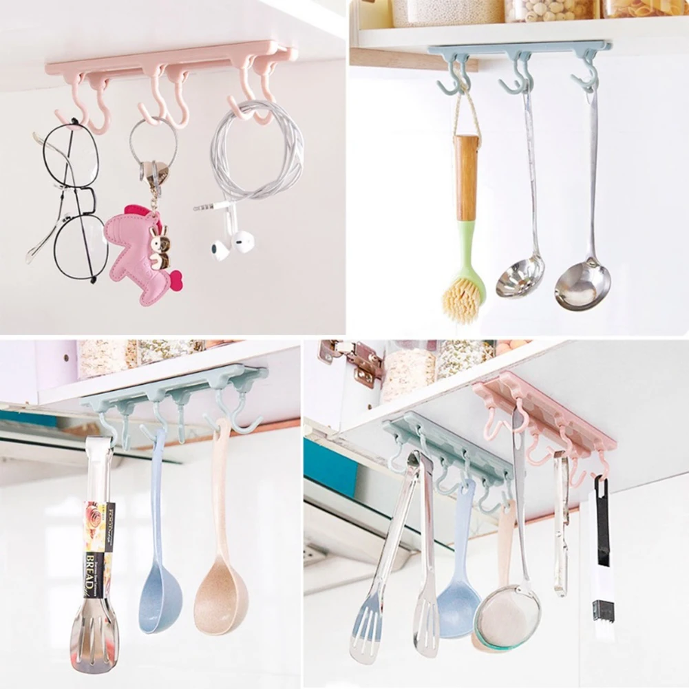 

Wall Cabinet 6Hook Kitchen Organizer Towel Hanger Scarf Adhesive Storage Rack Useful Bathroom Shelf Wall Adhesive Storage Holder