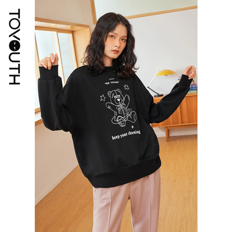 

Toyouth Women Pullovers Sweatshirt 2021 Autumn Long Sleeve O Neck Loose Hoodies Cute Bear Print Casual Chic Tops