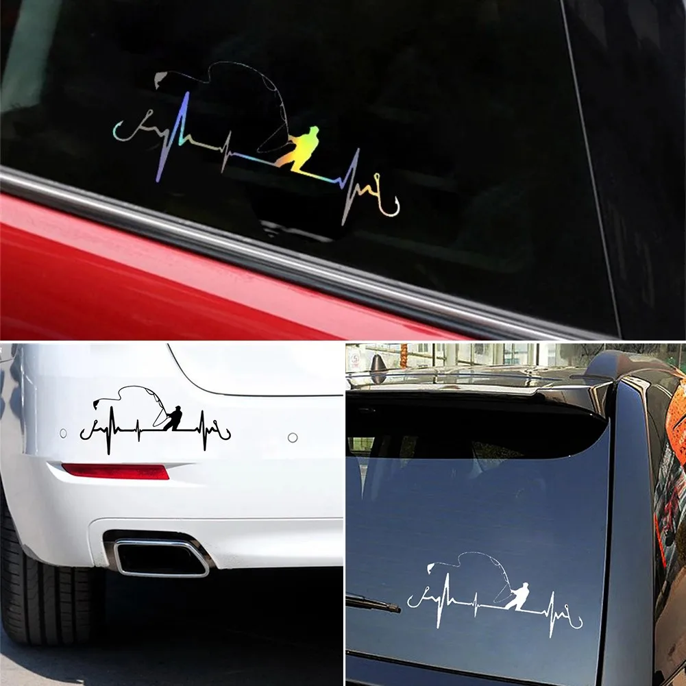 

Car Motorcycle Decorative Decal Sticker Funny Fishing Style Heartbeat Vinyl Reflective Creative Decals For Windshield Stickers