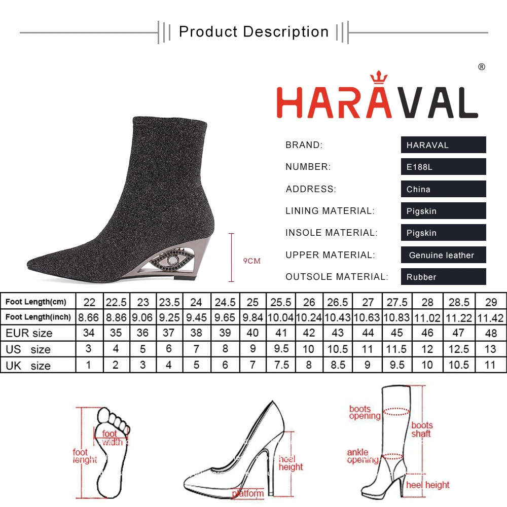 

HARAVAL Ankle Boots Shoes Women Pointed Toe Genuine Leather Stretch Fabric Basic Wedges Female Footwear Sexy FashionLady E188L