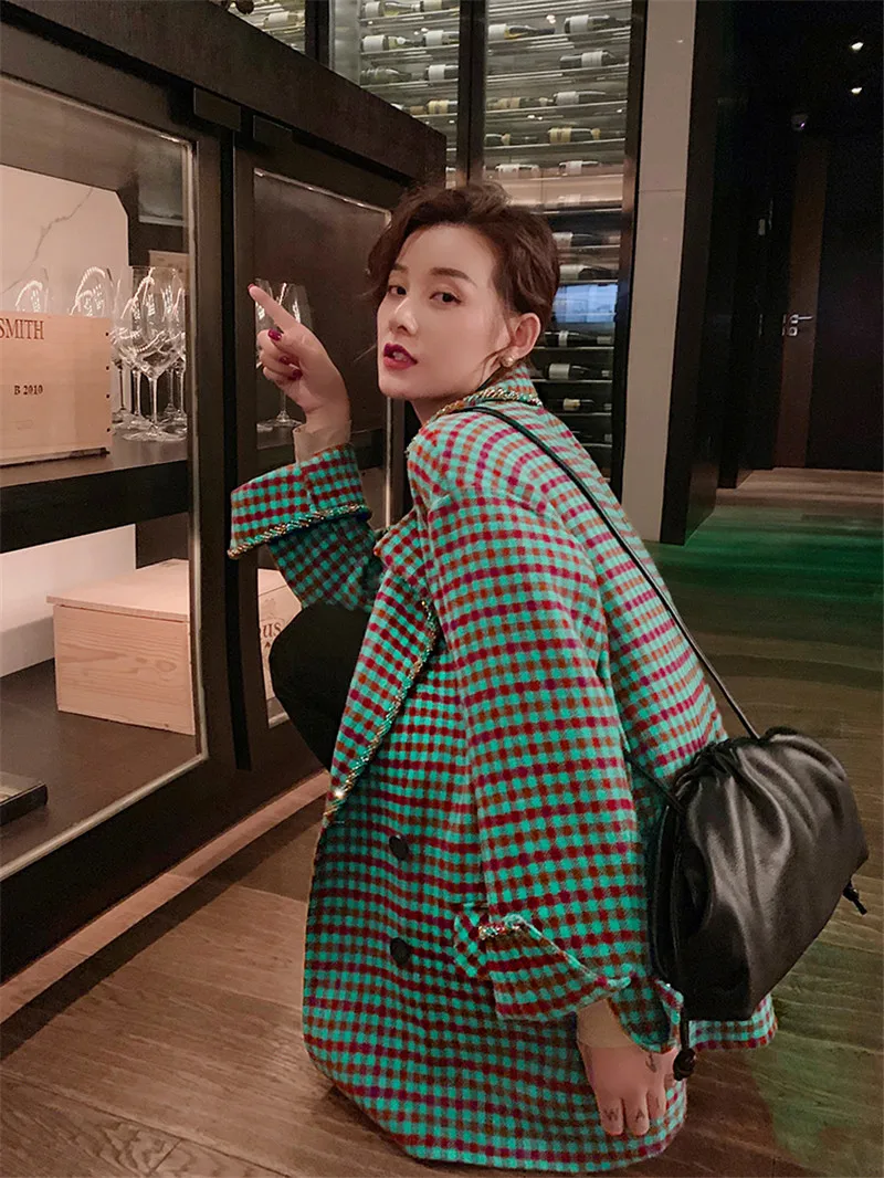 пальто женское в клетку Женское модное зеленое клетчатое Пальто двубортное с