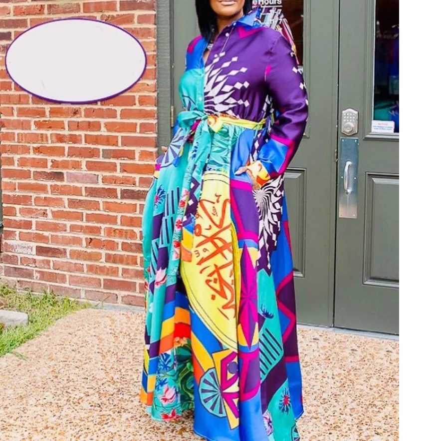 Весенне осеннее платье с длинными рукавами и принтом отложной воротник