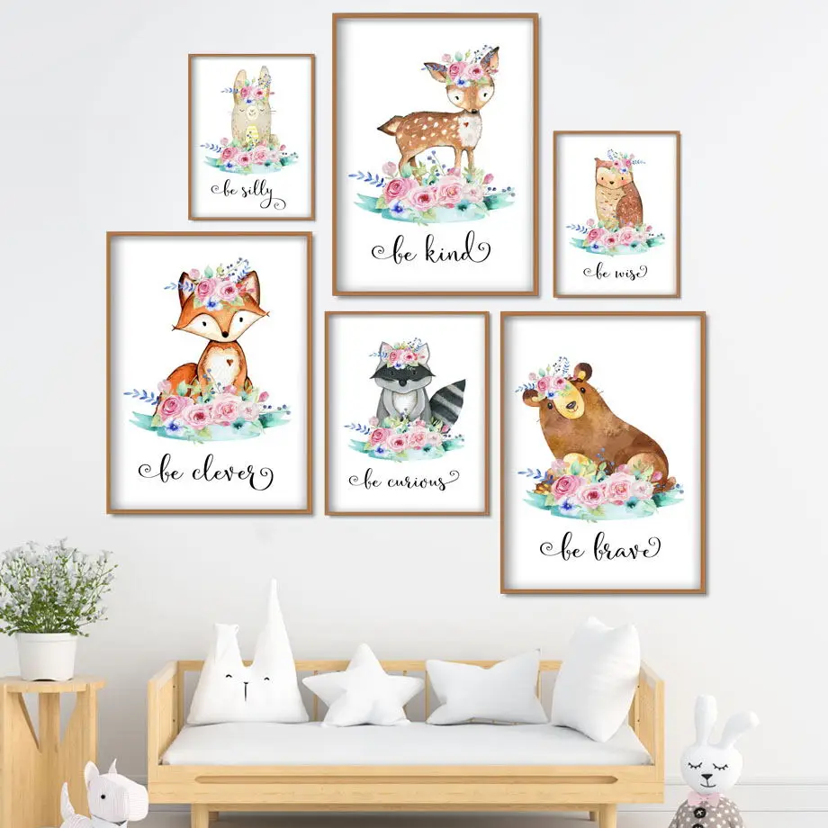 Мультфильм лиса олень кролик детские животные Картина на холсте скандинавский