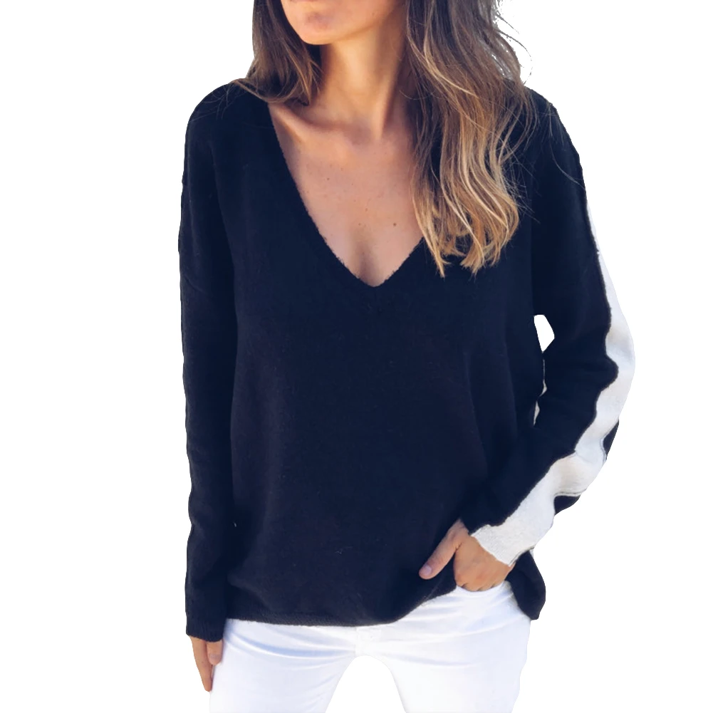jersey mujer Otoño con cuello en V suéter de punto sexy femenino invierno color costura suelta | Женская одежда