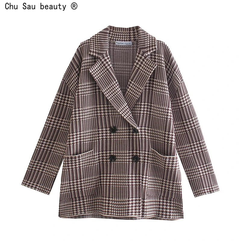 

Autumn 2021 New Fashion Vintage Urban Casual Double-Breasted Notched Collar Woolen Plaid Texture Loose Blazer Women