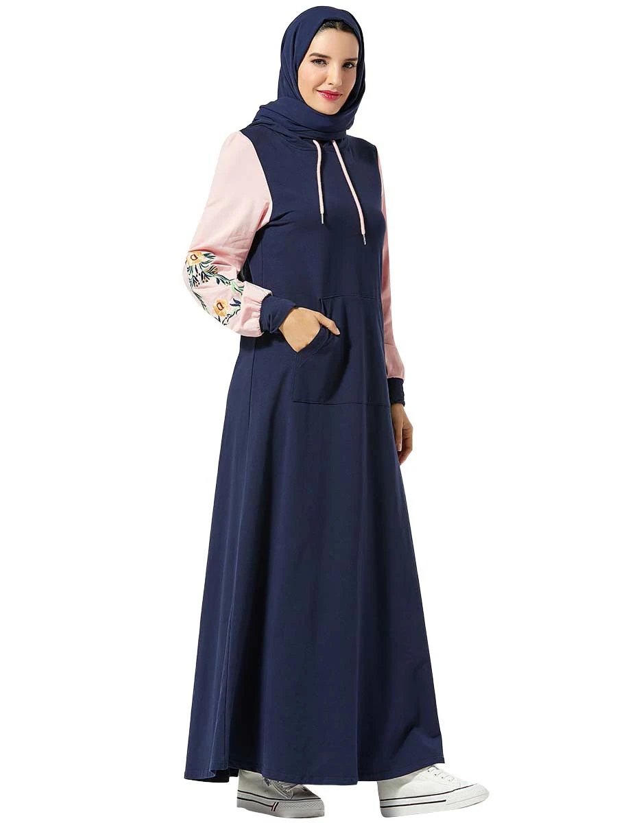 

Abaya Hooded Women Long Dress Muslim Casual Sports Islamic Kaftan Arab Jilbab Sweatershirt Mai Robe Color Block Dress Fashion