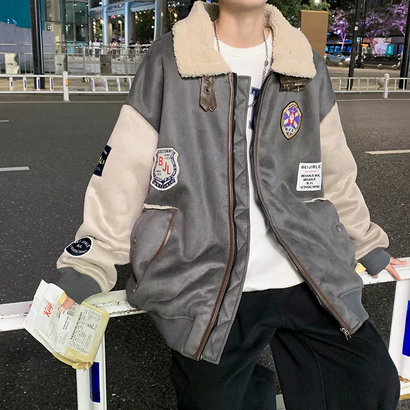 Men's Fashion Imitation Lamb Velvet Jacket Winter Plus Velvet Thickening Tooling Cotton Clothing Trendy Brand Loose Warm Jacket