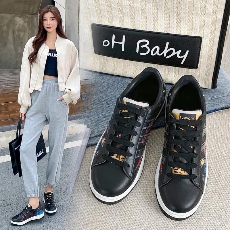 

Leather sports casual breathable sneakers tide new ins tide student wild cartoon Mickey white shoes women