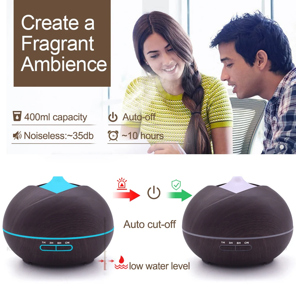 

Aroma Essential Oil Diffuser Ultrasonic Air Humidifier With Wood Grain 7 Color Changing LED Lights For Office Home Bedroom 400ml