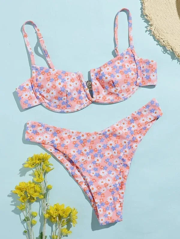 

2021 сексуальные бикини с V-образным вырезом на косточках, купальник с цветочным рисунком, женский купальный костюм, женский комплект бикини с V-образным вырезом, пляжная одежда пуш-ап, купальные костюмы