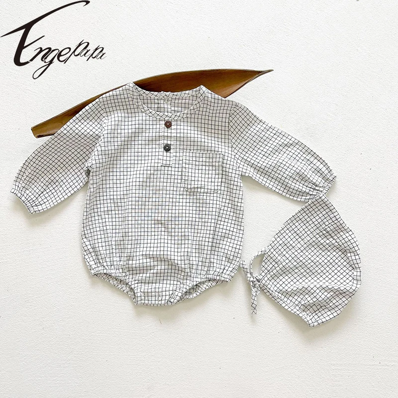 

Engepapa Baby Boy Girl Grid Romper Long Sleeves+Hat 2PCS Jumpsuit Romper Cotton Soft Autumn Toddler Baby Clothes Child 0-2yrs