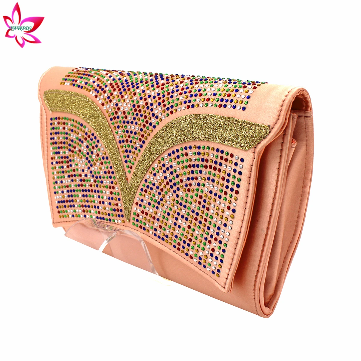 

2021 Classics Decorate with Rhinestone Sandals in Peach Color Spring New Design Sheos and Bag Set for Garden Party