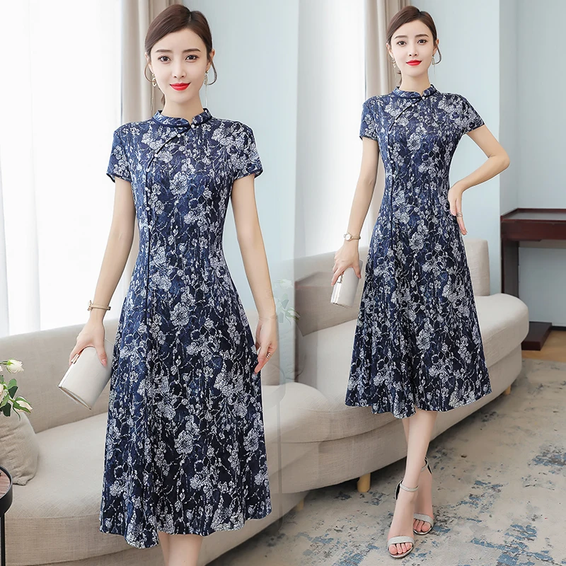 Женское платье в китайском стиле длинное летнее с коротким рукавом элегантное
