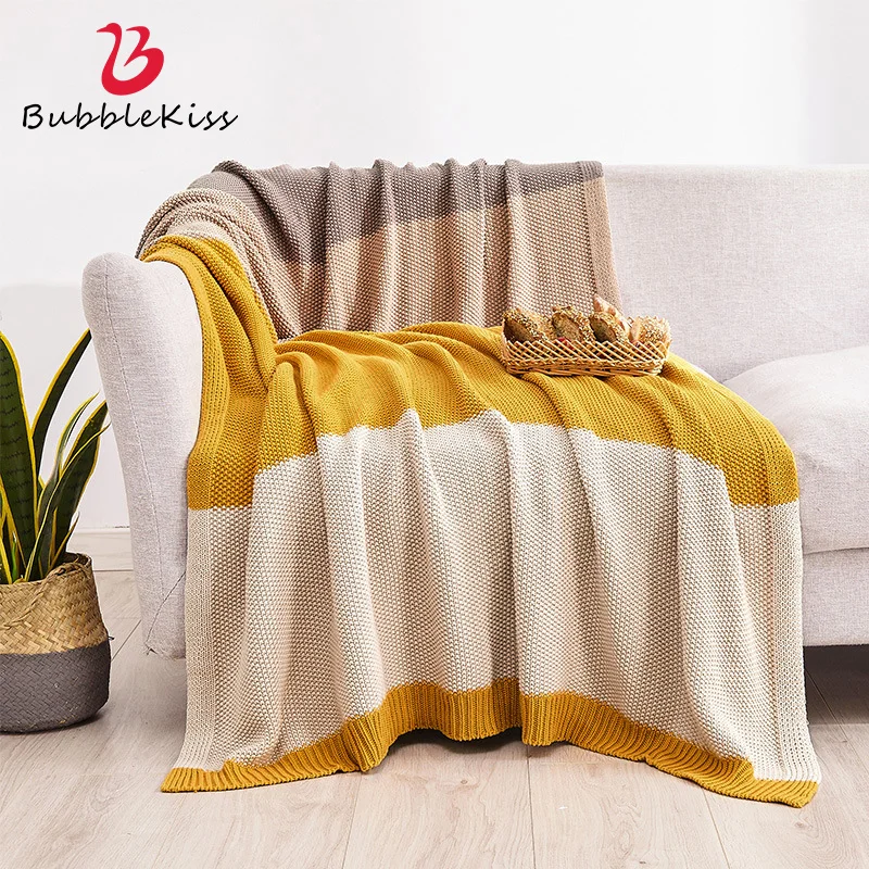 

Bubble Kiss Color Striped Blankets For Beds Cotton Knitted Soft Sofa Cover Blanket Office Air Conditioning Nap Portable Blanket