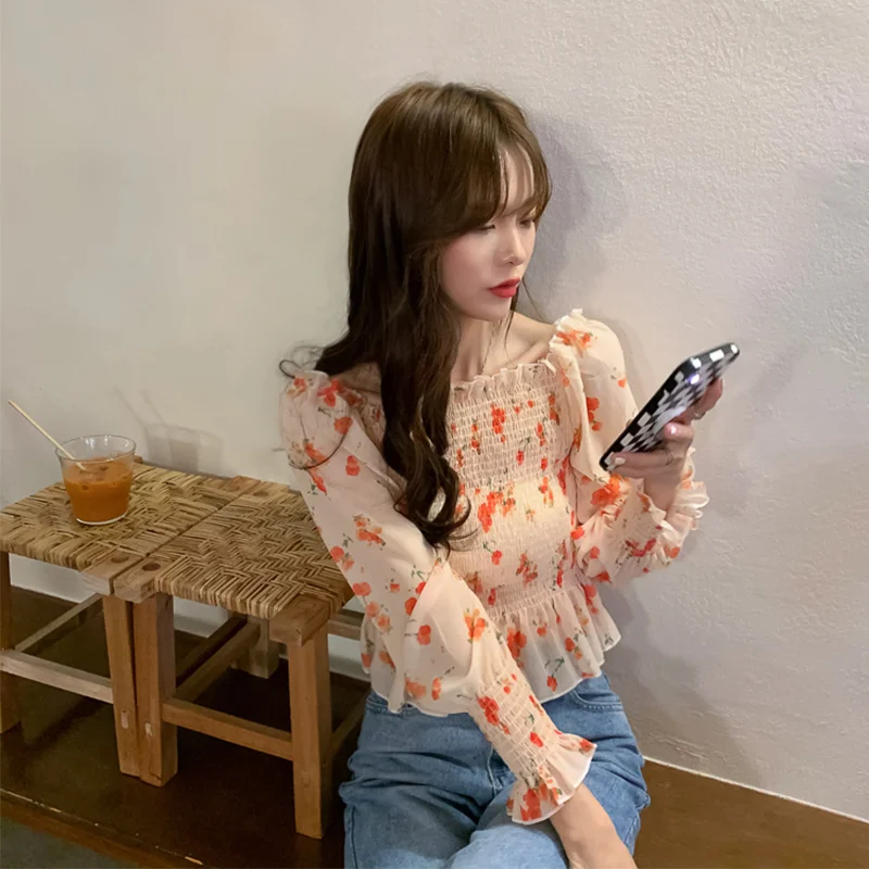 Женские шифоновые рубашки с длинным рукавом и цветочным принтом | Женская одежда