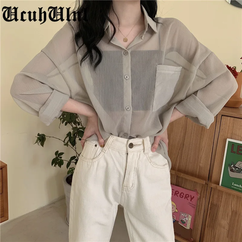 

Blouses Women Vintage Solid Korean Chic Summer Sun-proof Basic Femme Blouse Sheer Top All-match Soft Design Elegant Lady Shirts