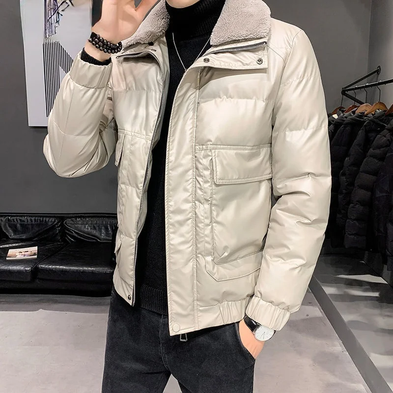 

Men's Winter Fashion New Thick Short Cotton Outwear Male Lamb Fur Collar Warm Parkas Men Solid Down Cotton Jackets O511