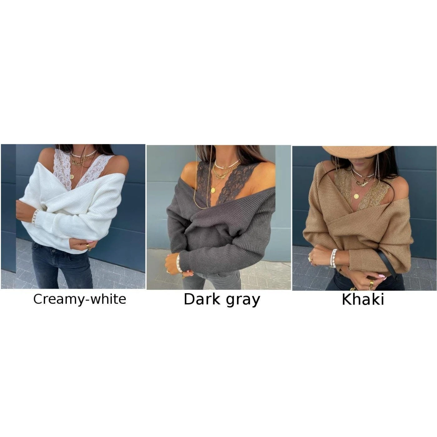 

Women's Knitwear Sexy Deep V Neck Lace Patchwork Knit Sweater Ladies Long Sleeve Pullover Jumper Tops Autumn Clothes Ladies New