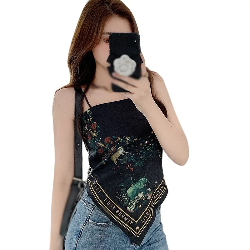 

Women's Retro Print Irregular Crop Tank Tops Summer Bow Backless Famale Slim Sexy Short Camisole Ladies Vest