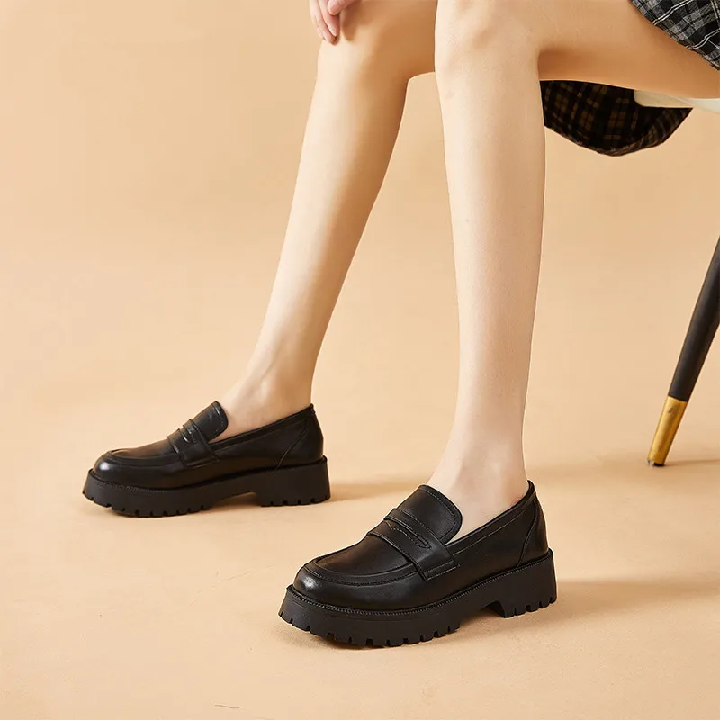 

Лоферы женские кожаные в британском стиле, удобные повседневные туфли на платформе, без застежки, на плоской подошве, офисная обувь, черные, ...