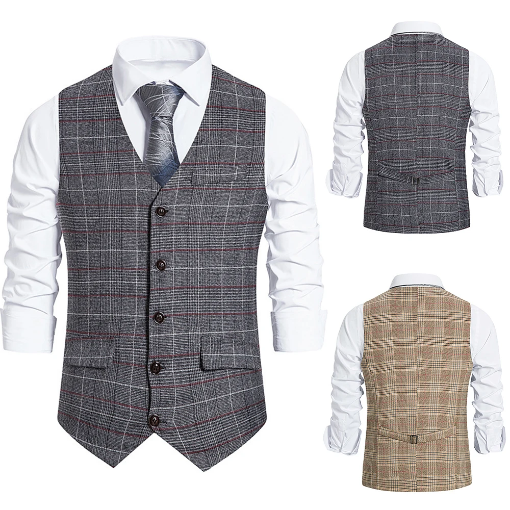 

Men's Formal Vest Button Casual Check All Seasons Single Breasted Man Sleeveless Casual Top Inner Wear Business Suit Collocation