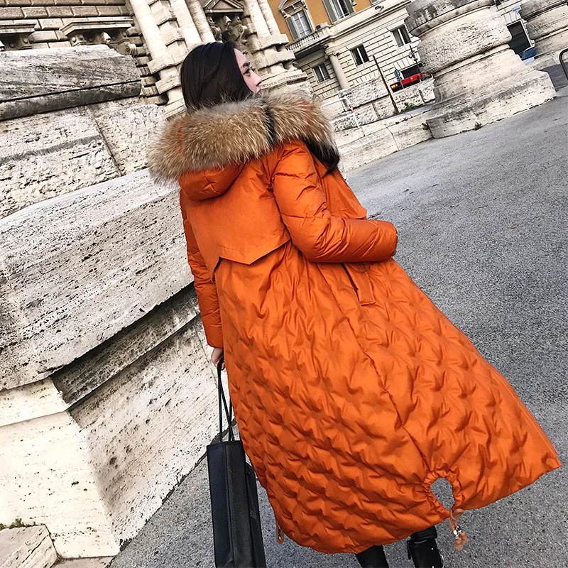 Настоящий енот собака меховой воротник мода зима белый утиный пух пальто Верхняя