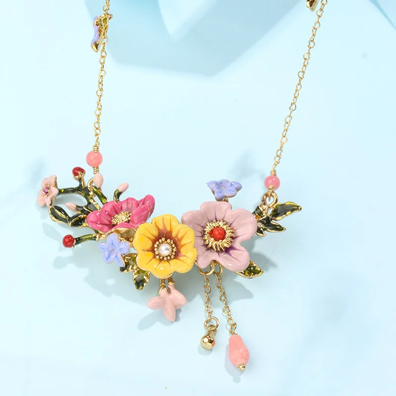 

Winter Garden Series Fashion Personality Enamel Glaze Multicolor Peony Flower Tassel Pendant Necklace Female New Release