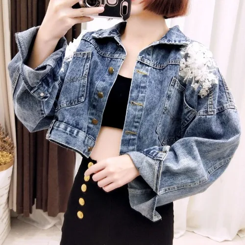 

chain New spring 2019 Korean tassel loose bat version of three-dimensional flower embroidery sleeve Denim Short Coat woman