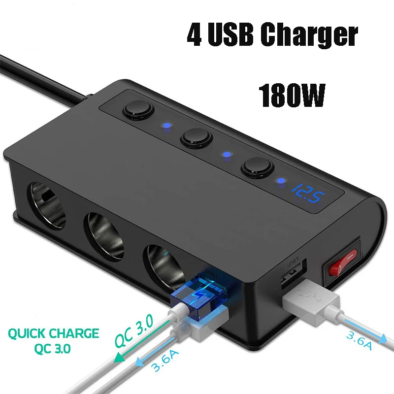 

Car Cigarette Lighter 4usb 180W High Power QC3.0 Fast Charge Car Charger