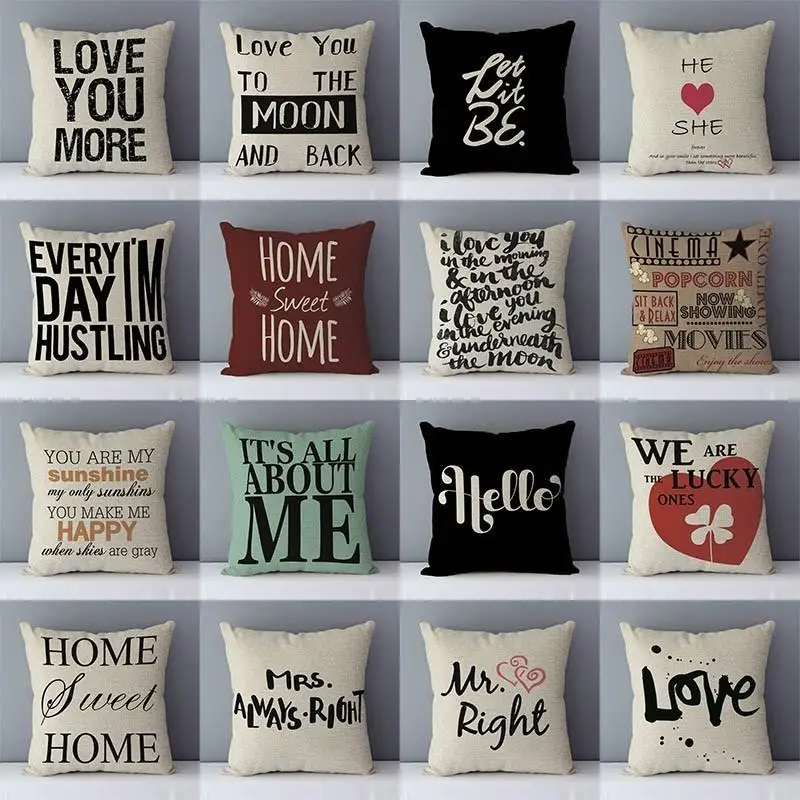 

Popular phrase words letters printed couch cushion home decorative pillows 45x45cm cotton linen square cushions \"Love you more\