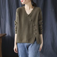 literature and art retro solid color cotton knit sweater 2021 spring new loose slanting buckle bottoming shirt ladies top